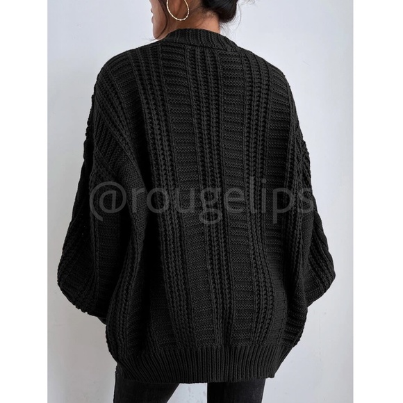 Oversized Black Cable Knit Cardigan Long Sleeves Hip Length Buttoned - Picture 2 of 10